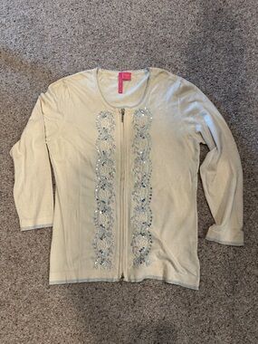 Women’s Cream Embellished Zip-Front Cardigan